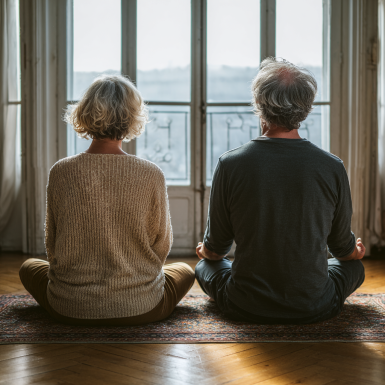 Літні люди займаються йогою на природі